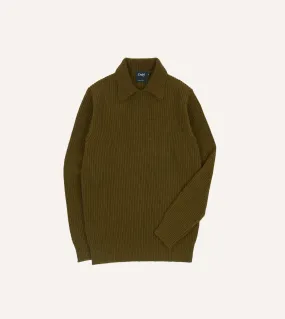 Olive Green Alpaca Lambswool Ribbed Integral Collar Jumper