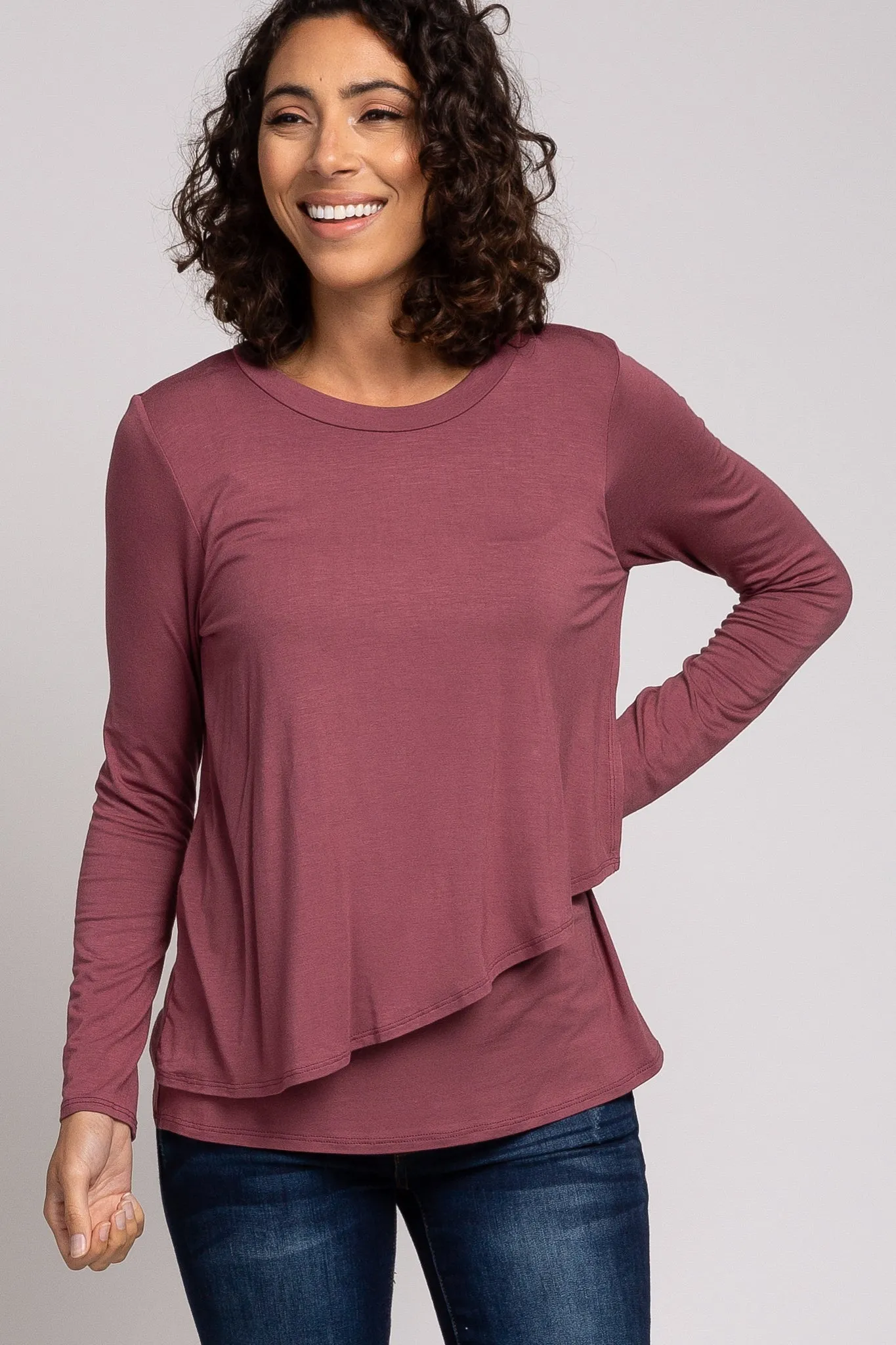 PinkBlush Mauve Solid Layered Front Long Sleeve Maternity/Nursing Top