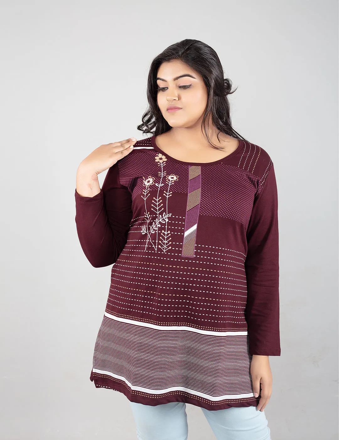 Plus Size Printed Long Tops For Women Full Sleeves - Pack of 2 (Wine & Grey)