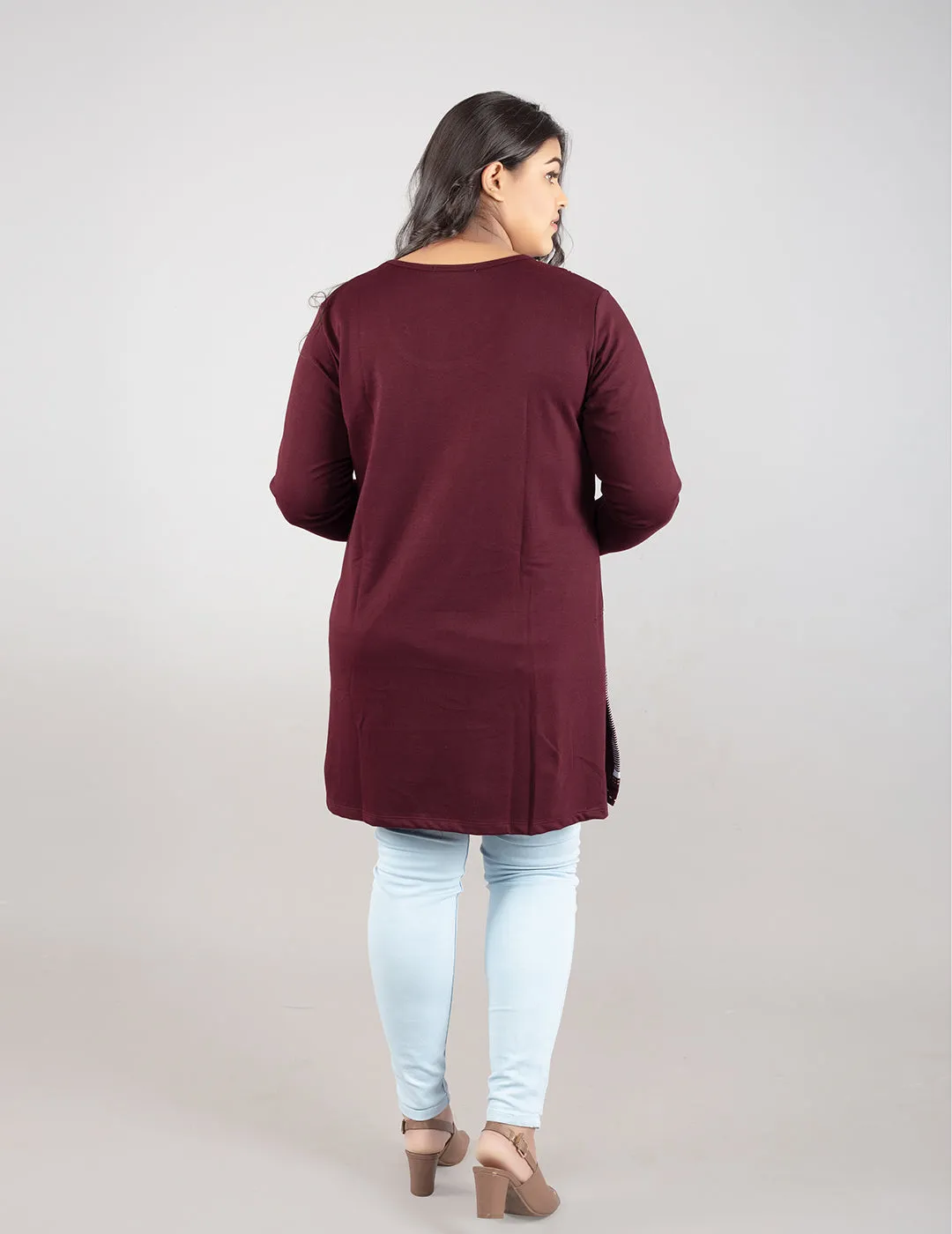 Plus Size Printed Long Tops For Women Full Sleeves - Pack of 2 (Wine & Grey)