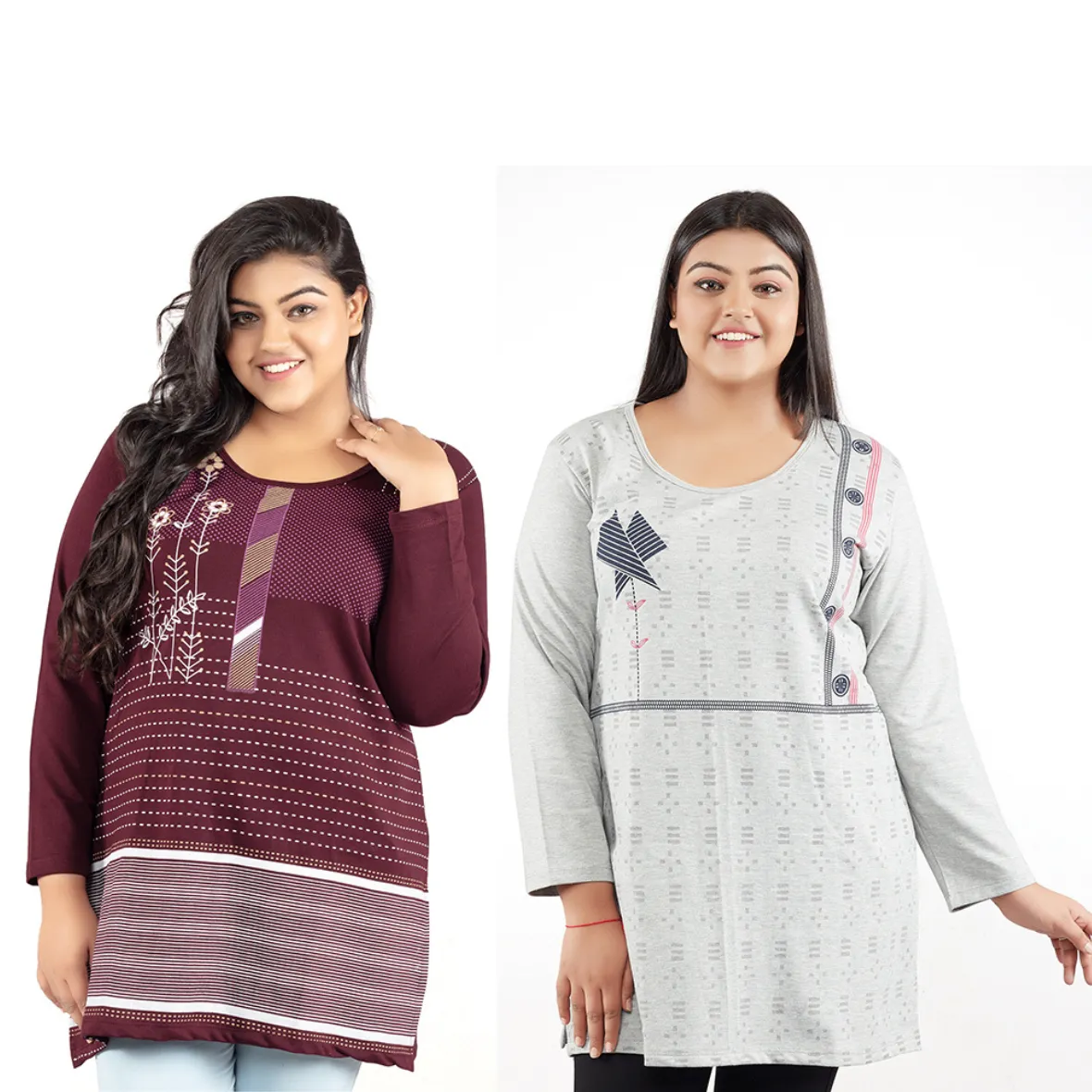 Plus Size Printed Long Tops For Women Full Sleeves - Pack of 2 (Wine & Grey)