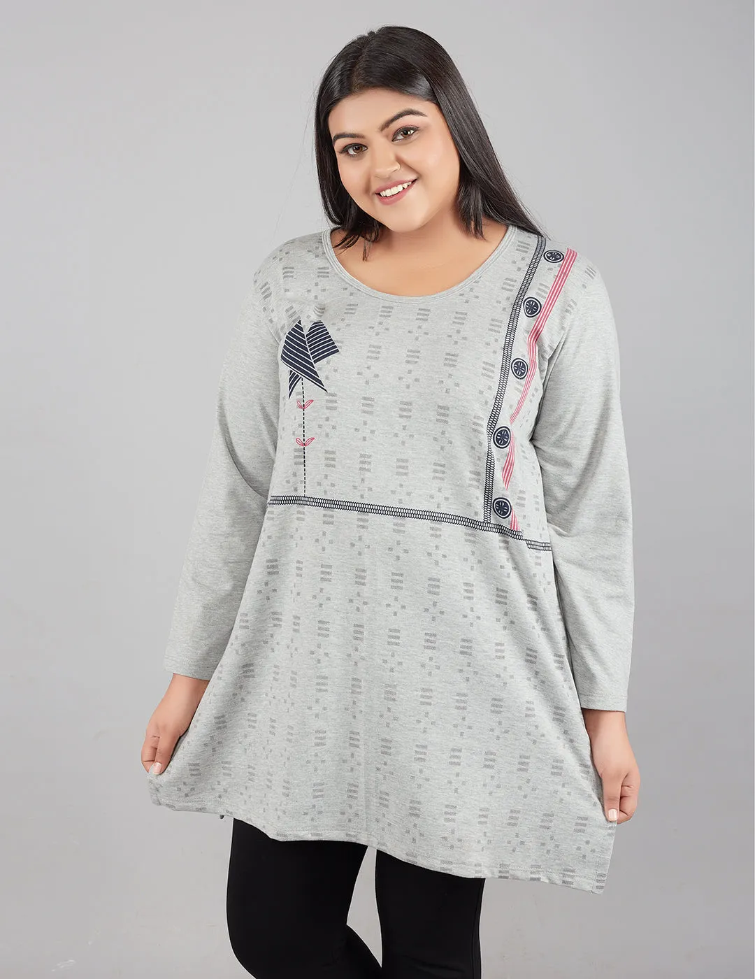 Plus Size Printed Long Tops For Women Full Sleeves - Pack of 2 (Wine & Grey)