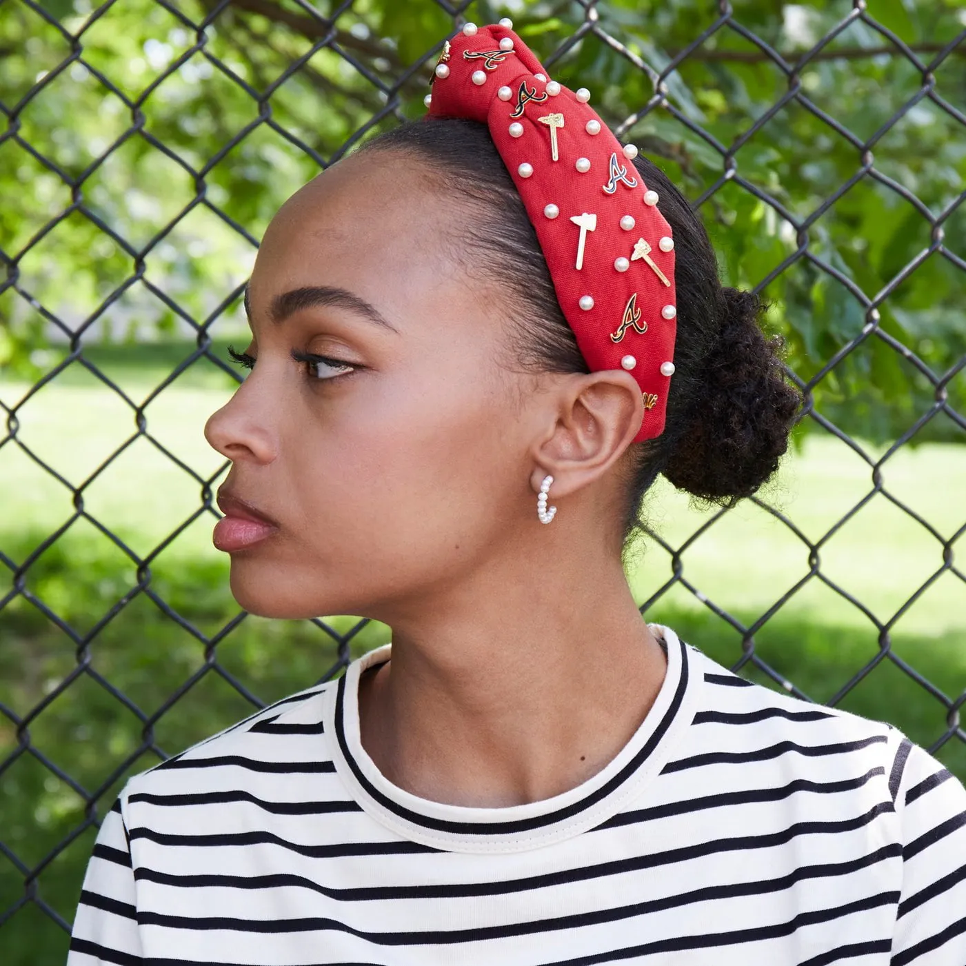 RED ATLANTA BRAVES EMBELLISHED KNOTTED HEADBAND