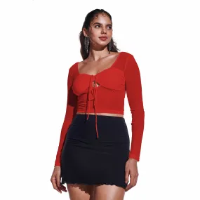 Red Cross-over Long Sleeve Mesh Top