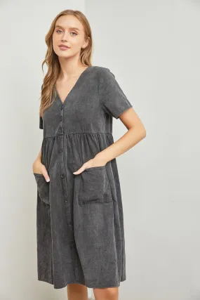 Sara Button Up Dress in Washed Black