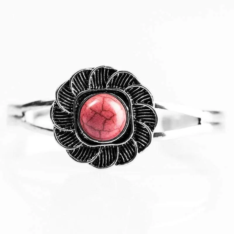 Solar FLOWER Pink Stone Hinged Cuff Bracelet