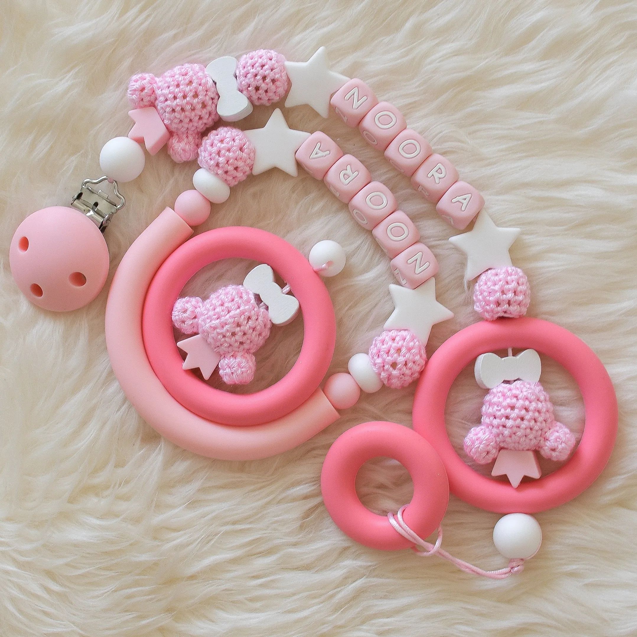 Teddy Bear Silicone Pacifier Clip Set