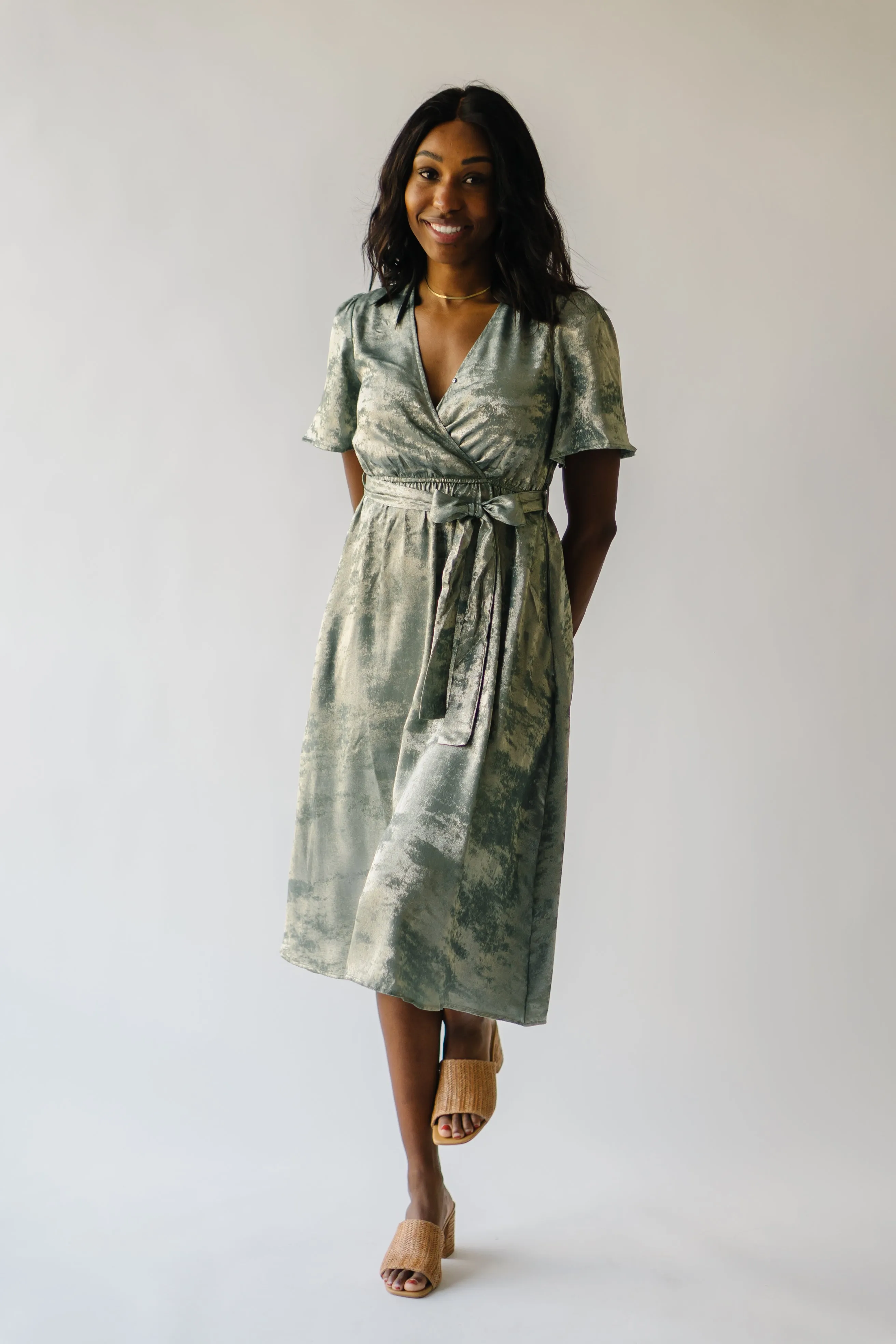 The Elaine Tie Detail Dress in Olive Metallic