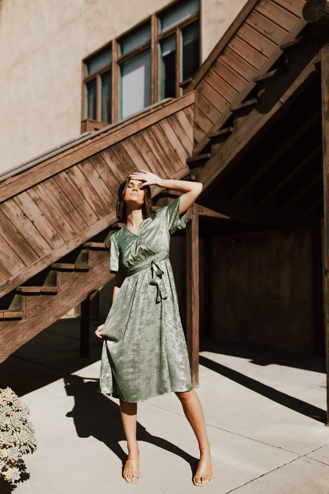 The Elaine Tie Detail Dress in Olive Metallic