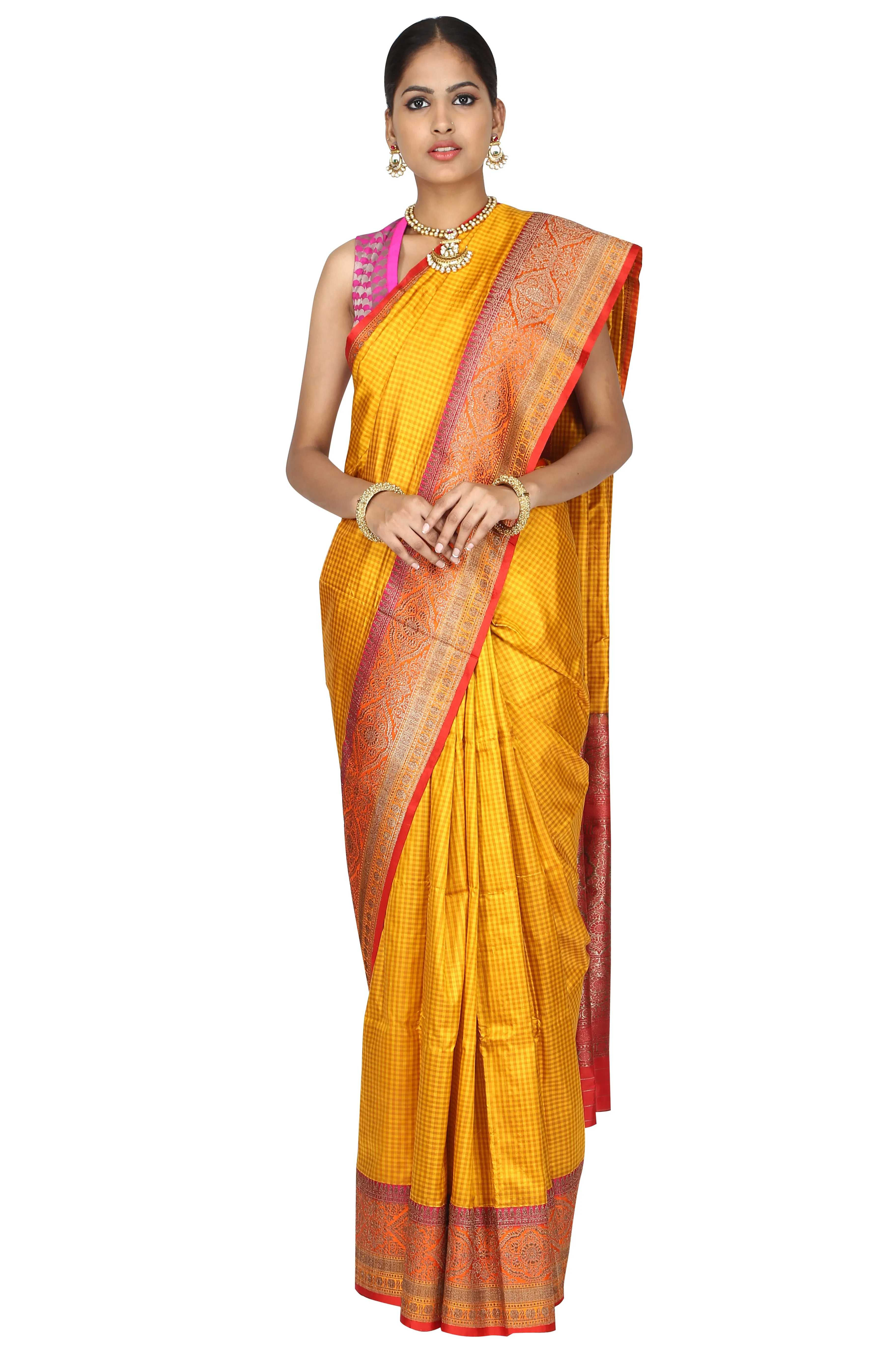 Yellow golden weave saree.